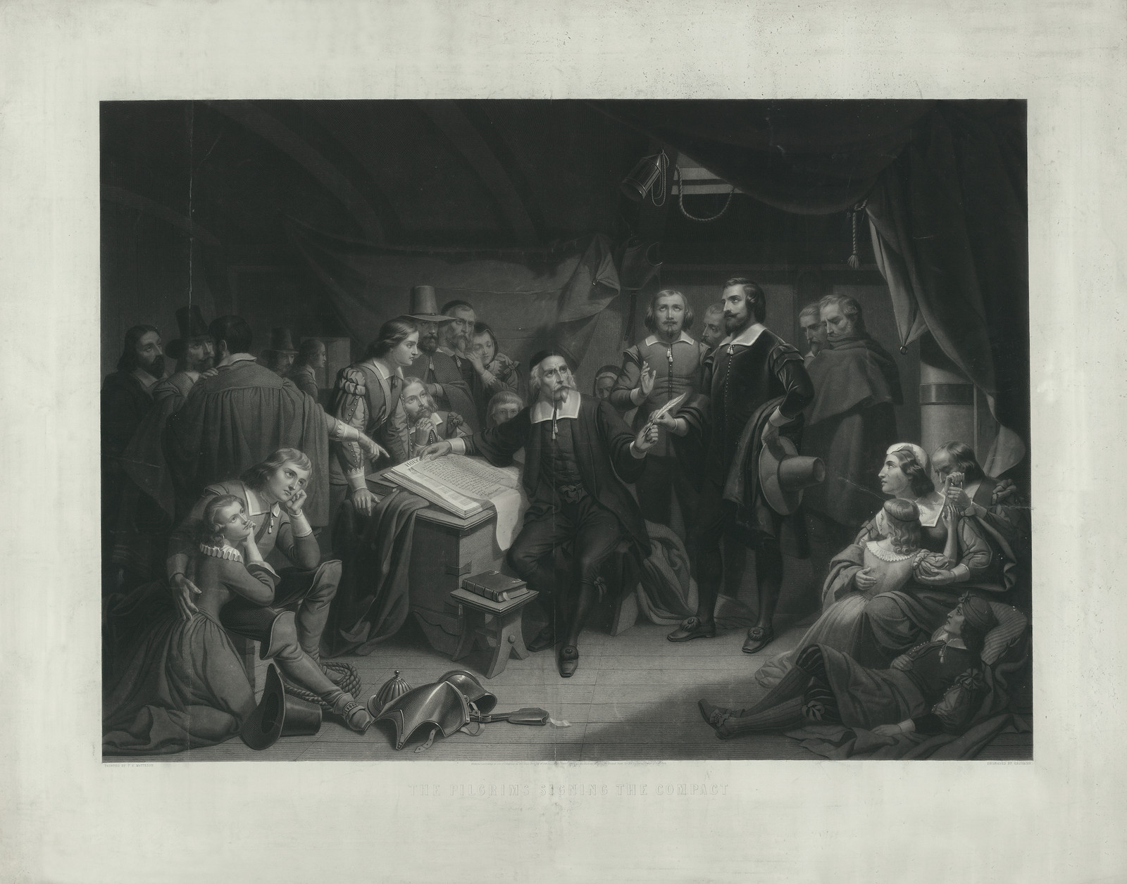 Pilgrims gathered in a cabin around a document, engraved — historic image