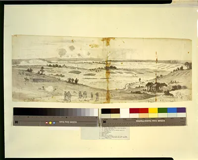 The battle of Groveton or Second Bull Run. Between the Union army commanded by Genl. Pope and the Confederate army under Genl. Robert E. Lee. Sketched from Baldface Hill, looking towards the village of Groveton]