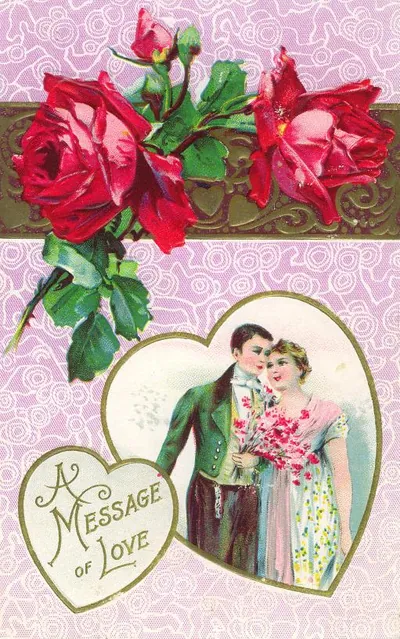 Valentine card with red roses, couple, "A Message of Love