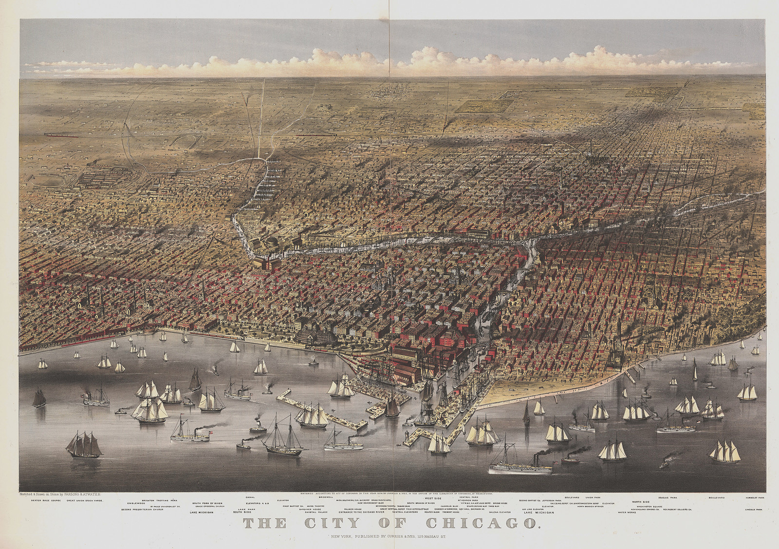 The City of Chicago, bird's-eye panoramic view — antique map