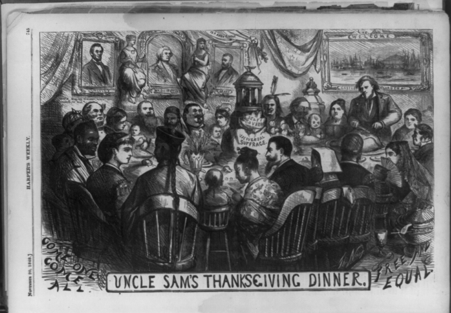 Uncle Sam's Thanksgiving dinner, 1869 — antique engraving