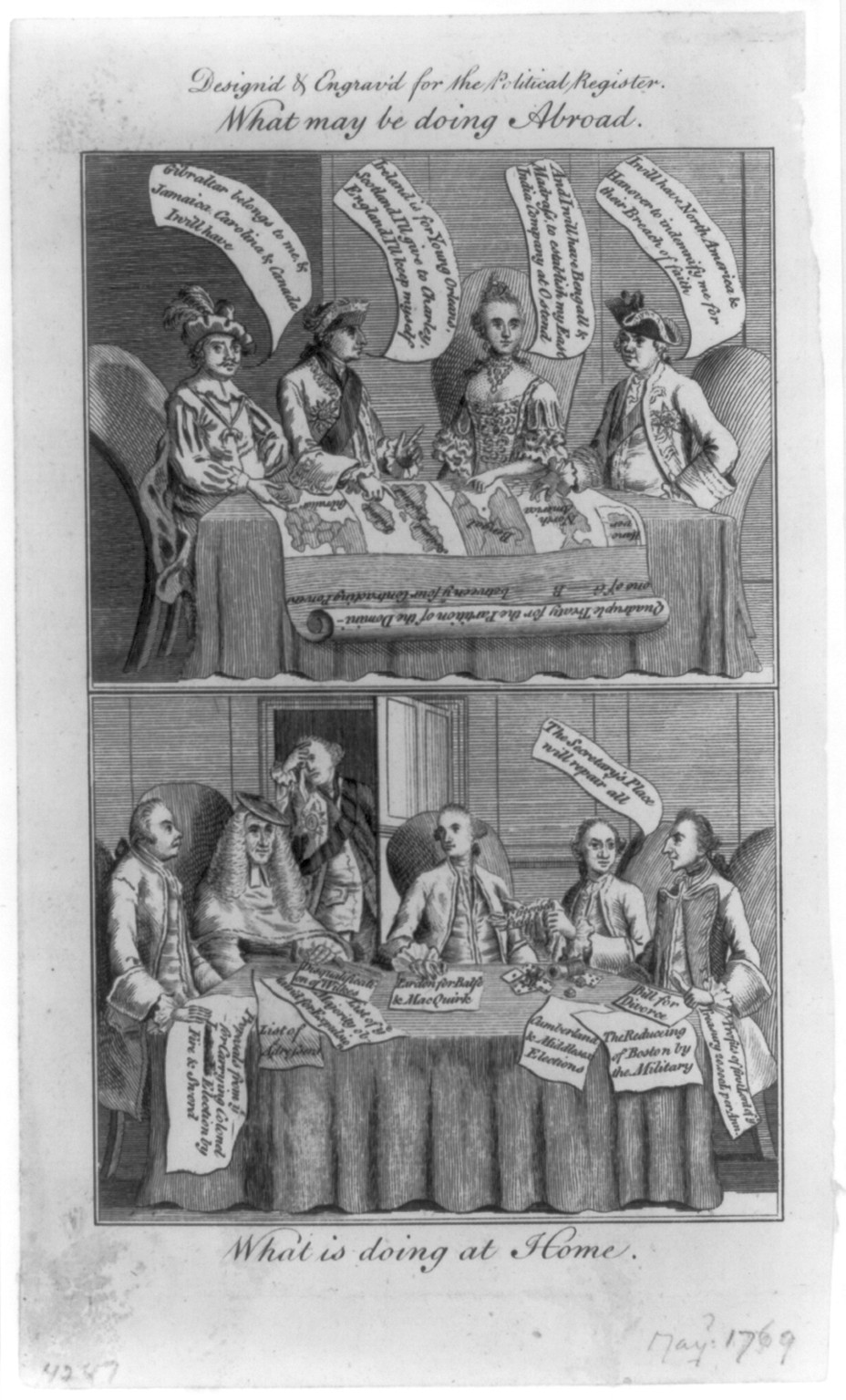 What may be doing abroad - what is doing at home, [1769] — antique engraving