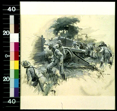 Soldiers in khaki crewing a field gun, painted illustration