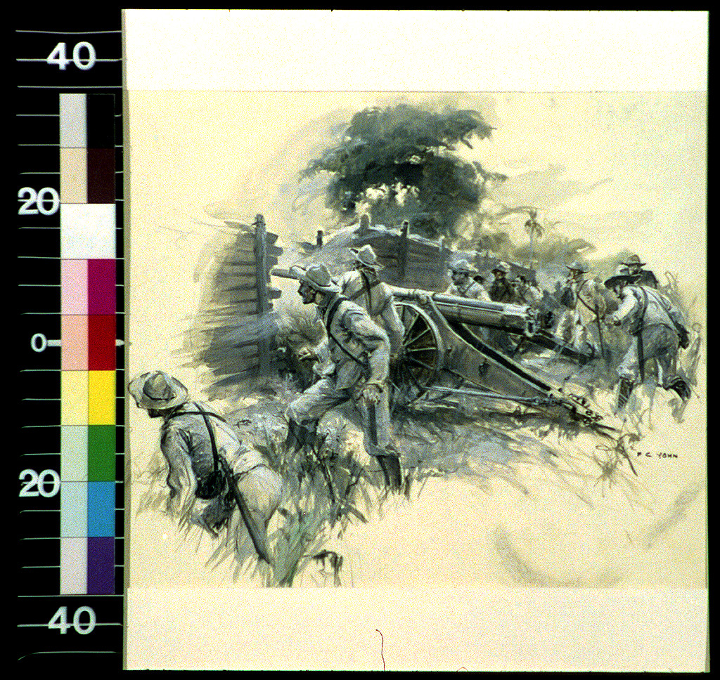 Soldiers in khaki crewing a field gun, painted illustration — historic image