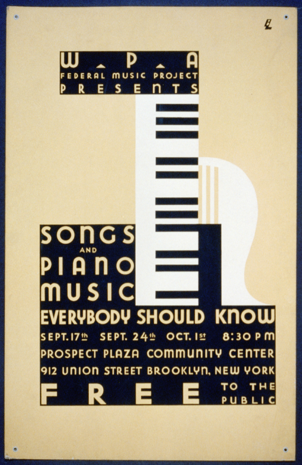 WPA Federal Music Project presents songs and piano music everybody should know Free t, 1936 — vintage poster