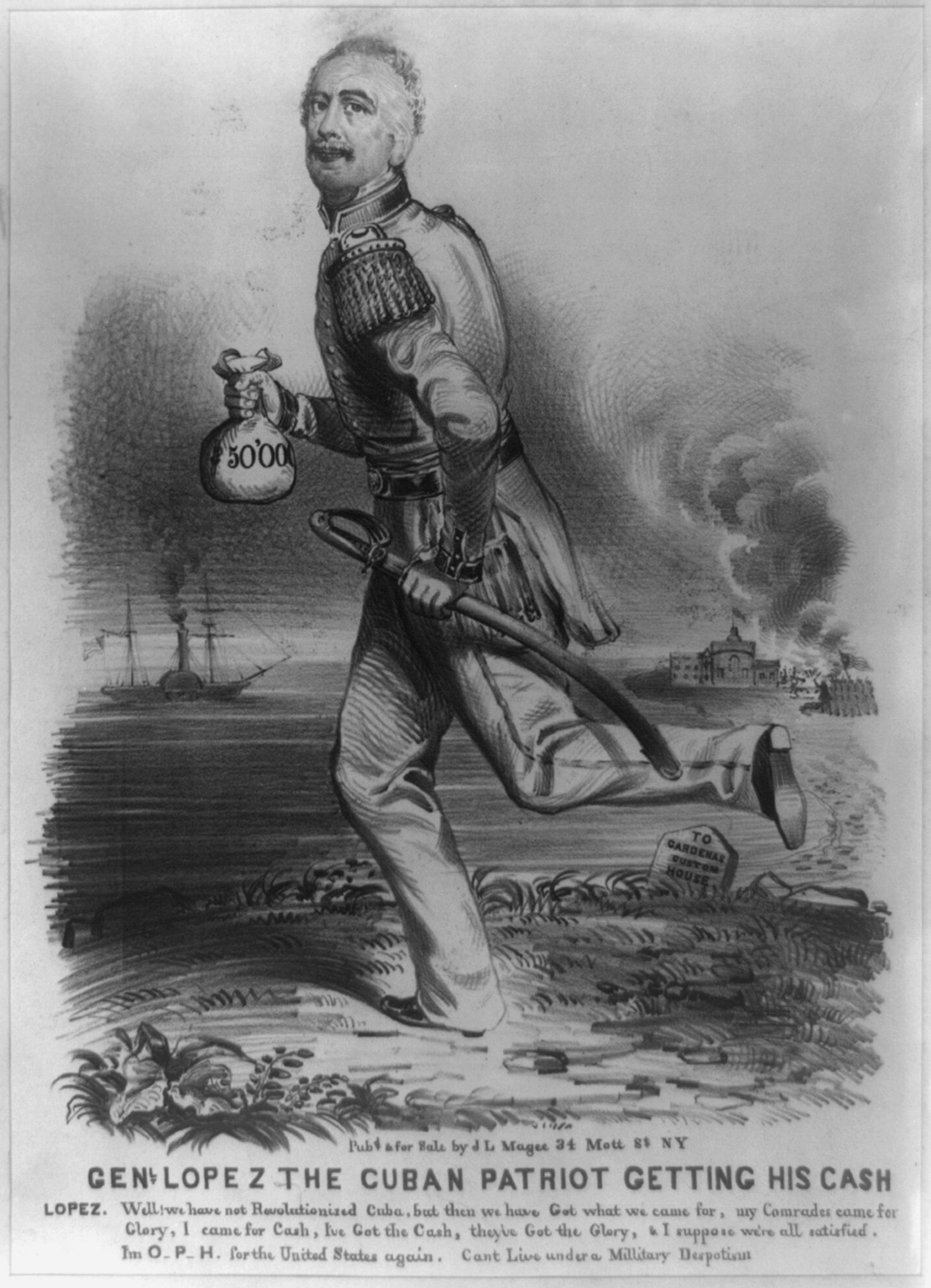 Genl. Lopez the Cuban patriot getting his cash, N.Y. : Pubd. & for sale by John L. Magee, 1850. — antique lithograph