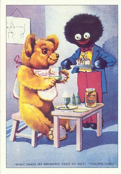 Teddy and golliwog at breakfast, Golden Shred advertisement card
