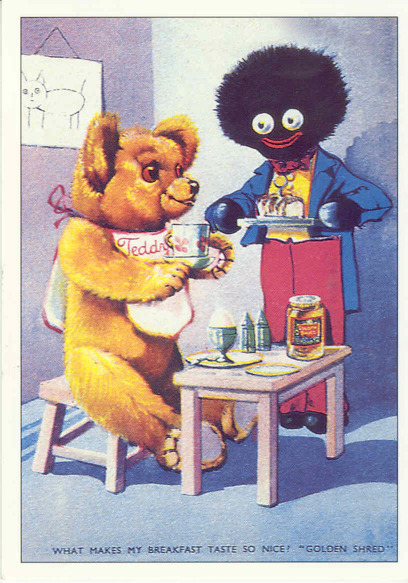 Teddy and golliwog at breakfast, Golden Shred advertisement card — historic image