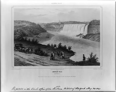 Niagara Falls. American falls (from table rock) / drawn from nature by Aug. Köllner ; lith. by Deroy ; printed by Cattier.