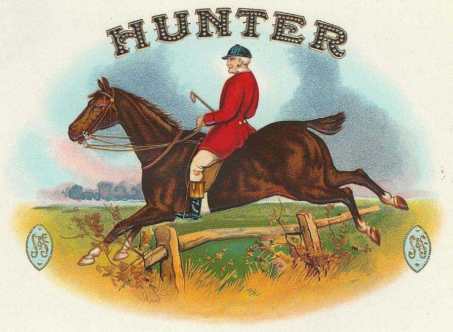 HUNTER cigar box label, rider in red coat jumping fence — historic image