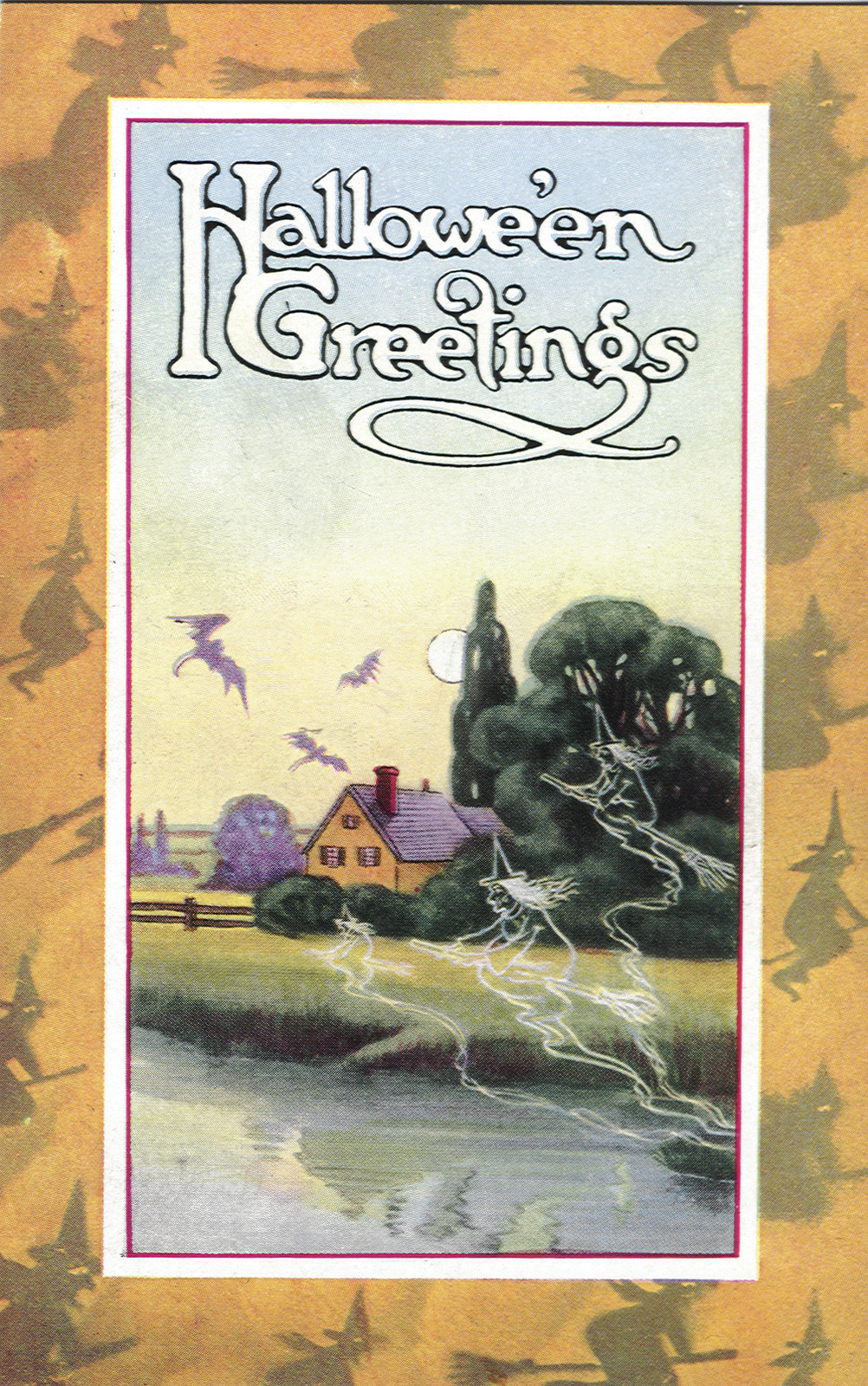 Halloween Greetings card with flying witches and bats — historic image