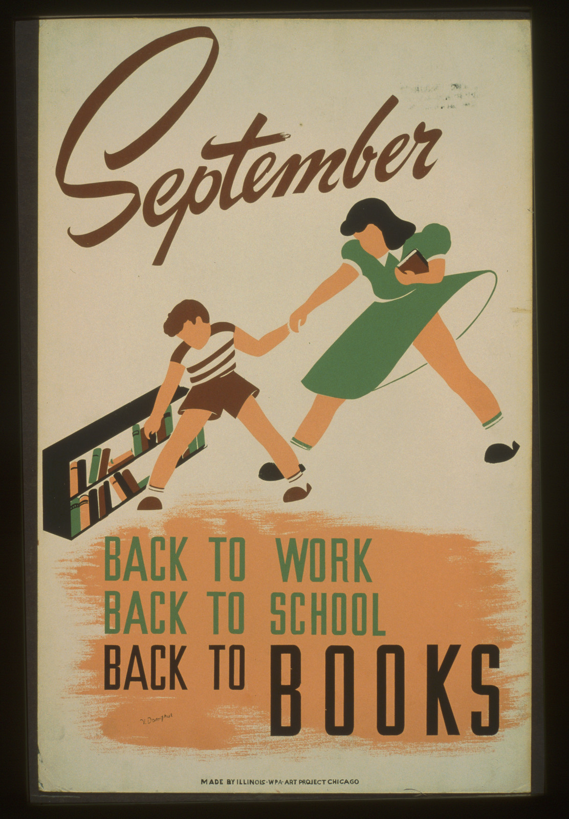 September - back to work - back to school - back to BOOKS / V. Donaghue, 1940 — vintage poster
