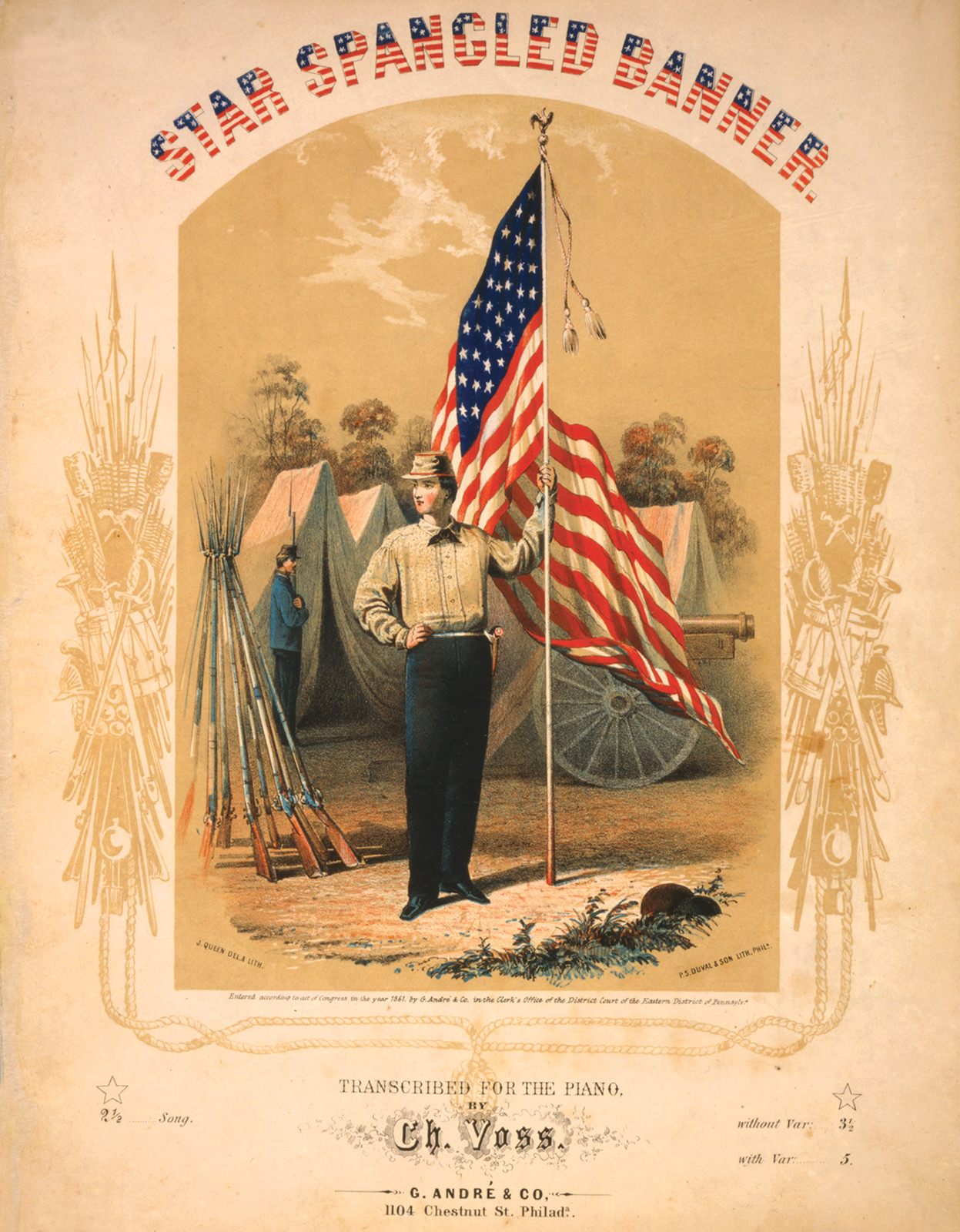 Star spangled banner Transcribed for the piano by Ch. Voss / J. Queen del. & lith. ; P.S. Duval & Son Lith. Phila., Philada. : G. André & Co., c1861. — antique lithograph
