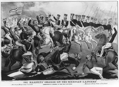 Col. Harneys' charge on the Mexican lancers' commanded by General La Vega near Vera Cruz American forces from 4 to 600 Mexican forces from 6 to 10,000