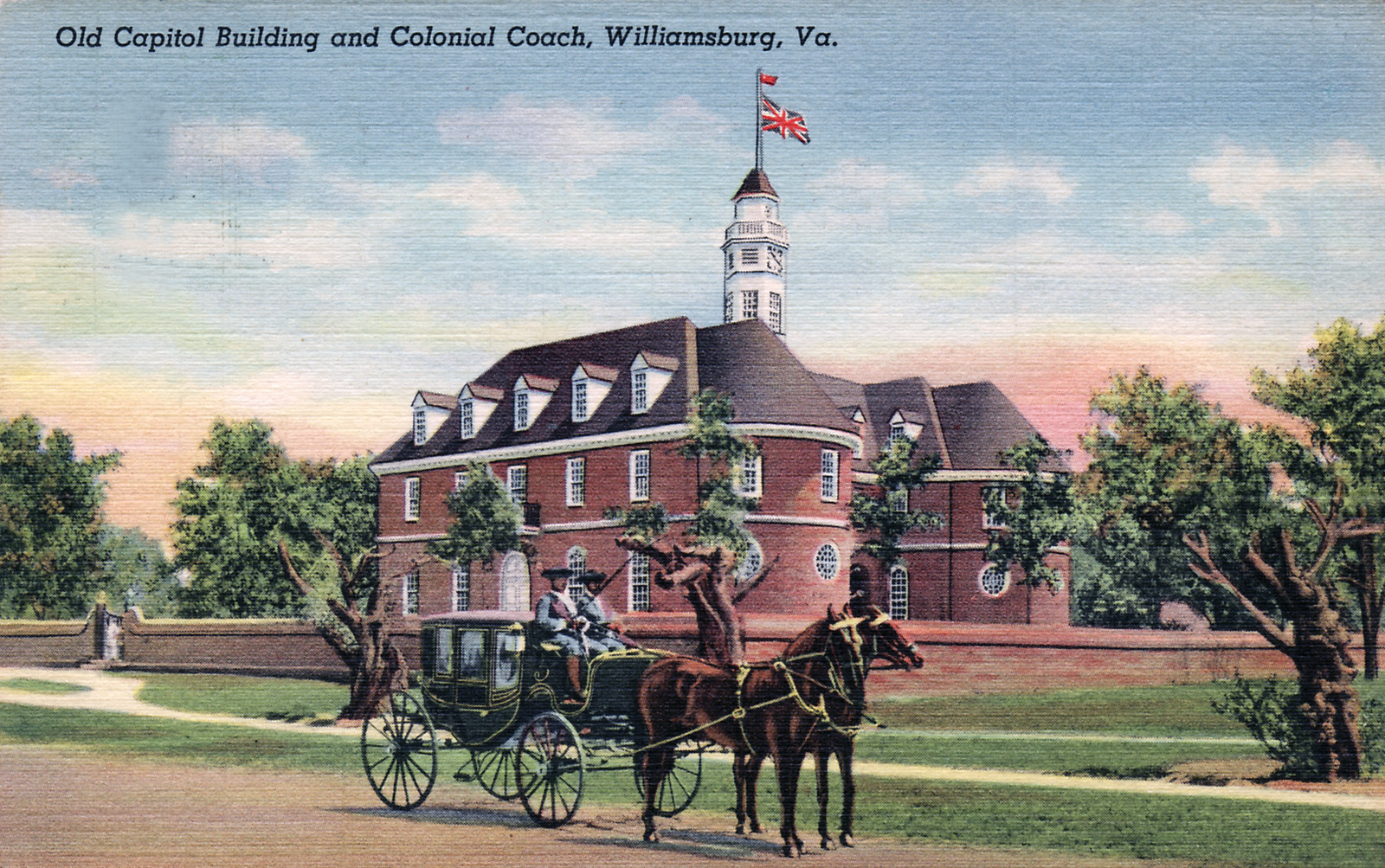 Old Capitol Building and Colonial Coach, Williamsburg, Va. — historic image