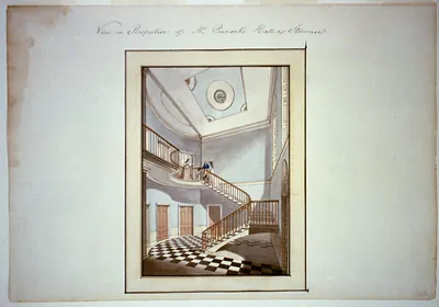 [Houses and a church (Buildings Erected or Proposed to be Built in Virginia"). Perspective of hall and stairway]"