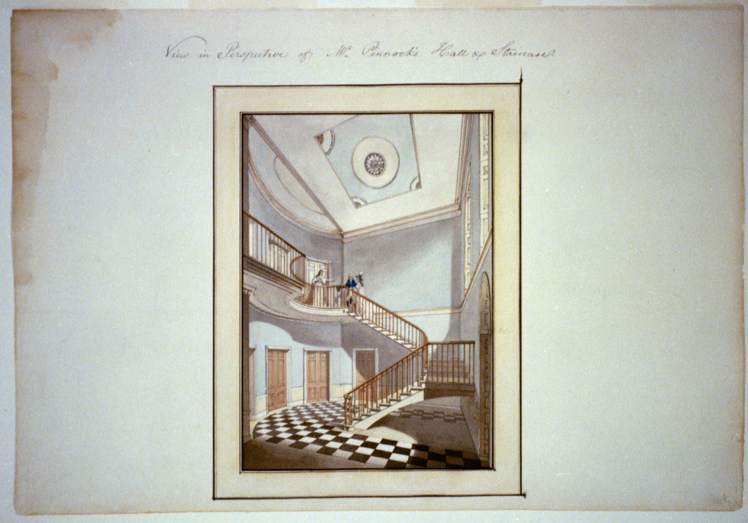 [Houses and a church (Buildings Erected or Proposed to be Built in Virginia"). Perspective of hall and stairway]", [between 1795 and 1799] — historic drawing