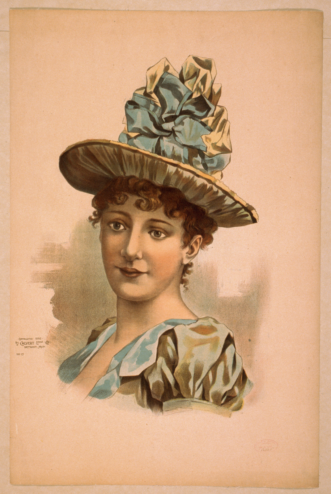 [Head-and-shoulders image of brunette woman, facing right, wearing large blue hat], Detroit, Mich. : Calvert Litho. Co., c1892. — historic image