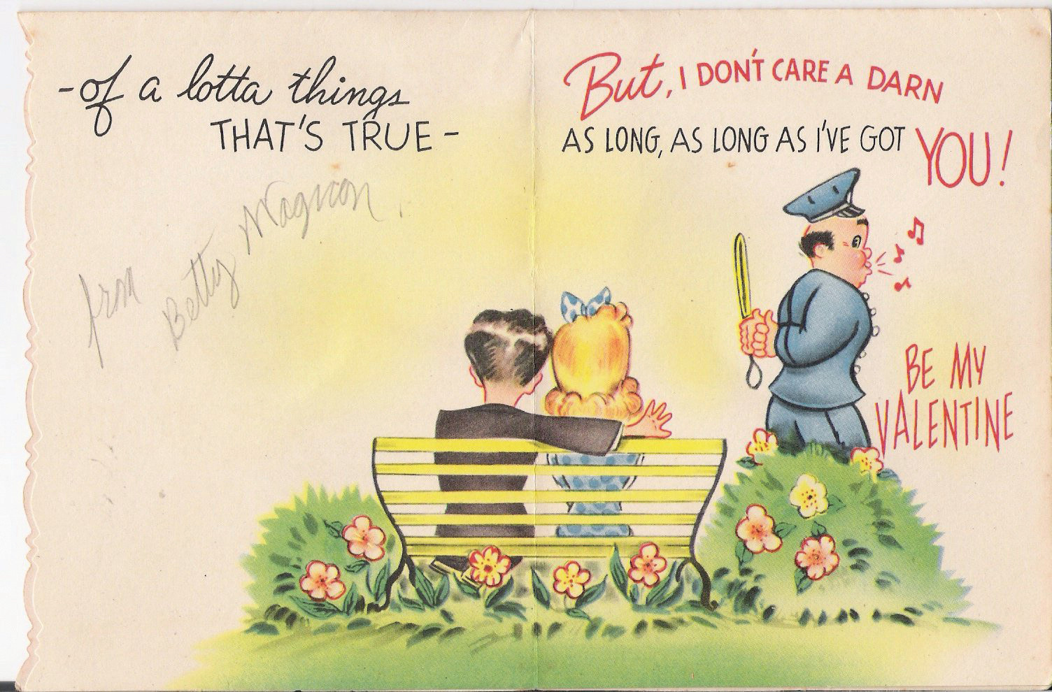 Valentine card: couple on bench, policeman, 'Be My Valentine' — historic image