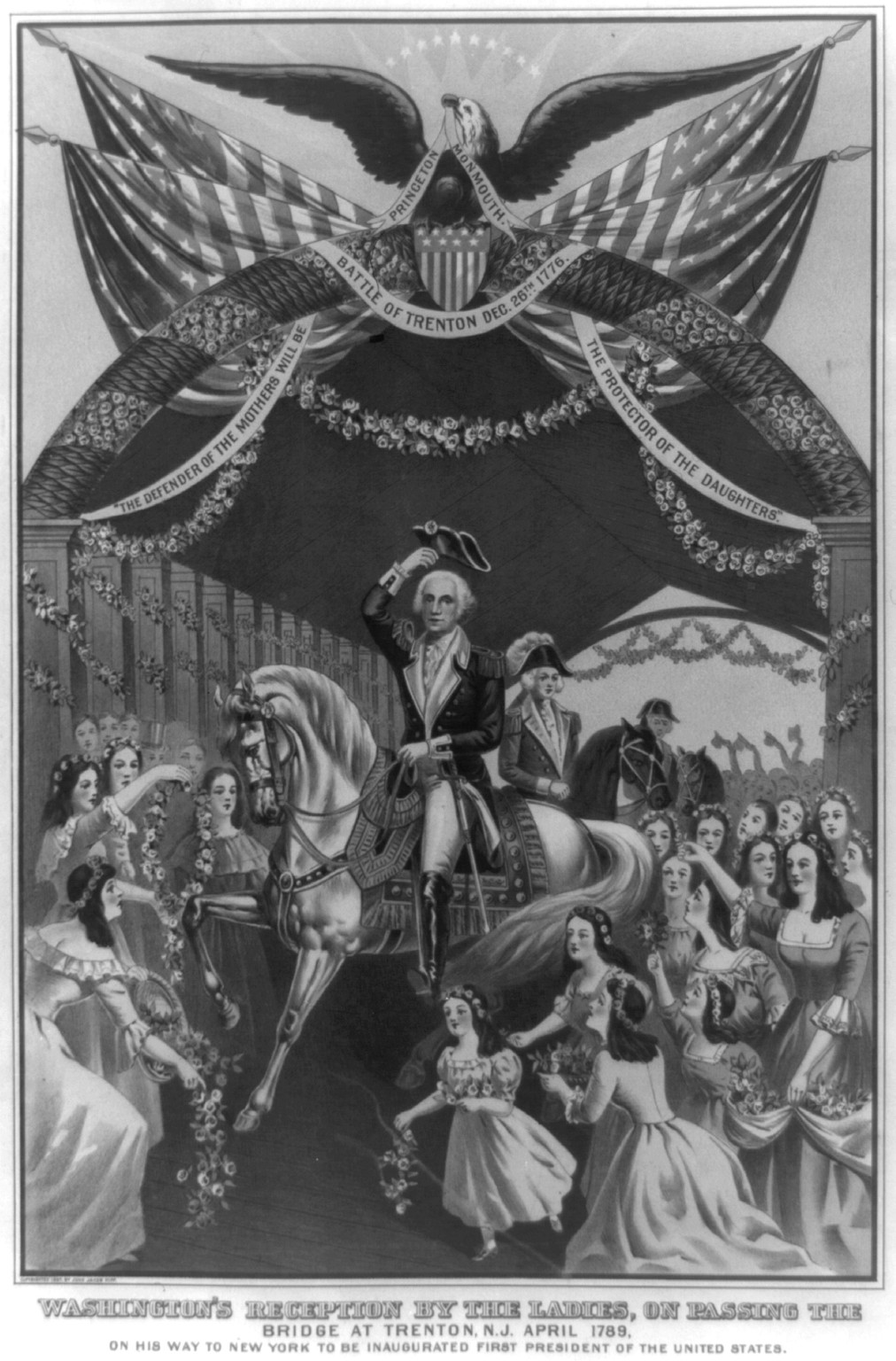 Washington's reception by the ladies, on passing the bridge at Trenton, N.J. April 1739, [no date recorded on shelflist card] — historic print