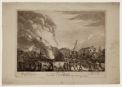 All on Fire: burning balloon over a crowd, etching