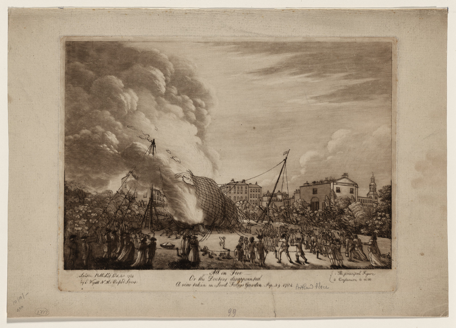 All on Fire: burning balloon over a crowd, etching — historic image