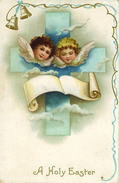 A Holy Easter postcard with angels, cross and scroll