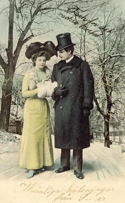 Hand-colored winter postcard of a couple, Swedish greeting