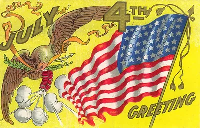 July 4th Greeting with eagle, flag and firecrackers