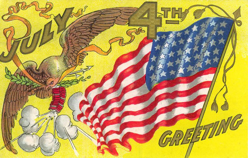 July 4th Greeting with eagle, flag and firecrackers — historic image