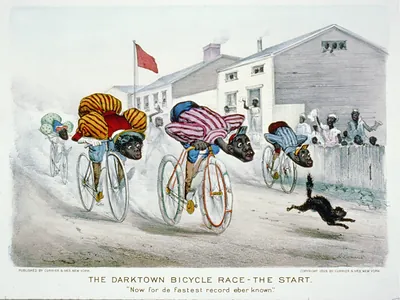The darktown bicycle race-the start: Now for de fastest record eber known""