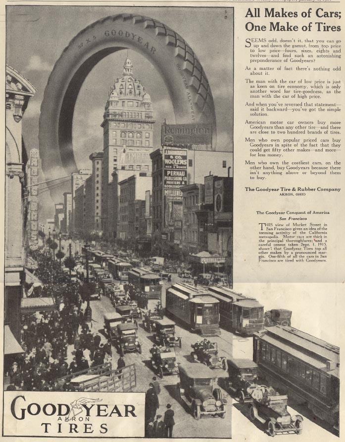 Goodyear Tires advertisement with Market Street, San Francisco traffic — historic image