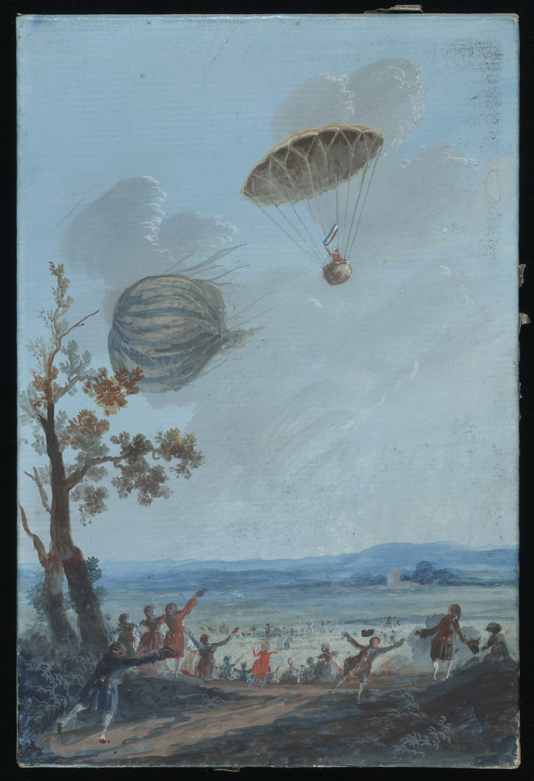 Parachute descending from a balloon over a crowded landscape — historic image