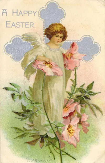 Angel with cross and pink roses, A Happy Easter