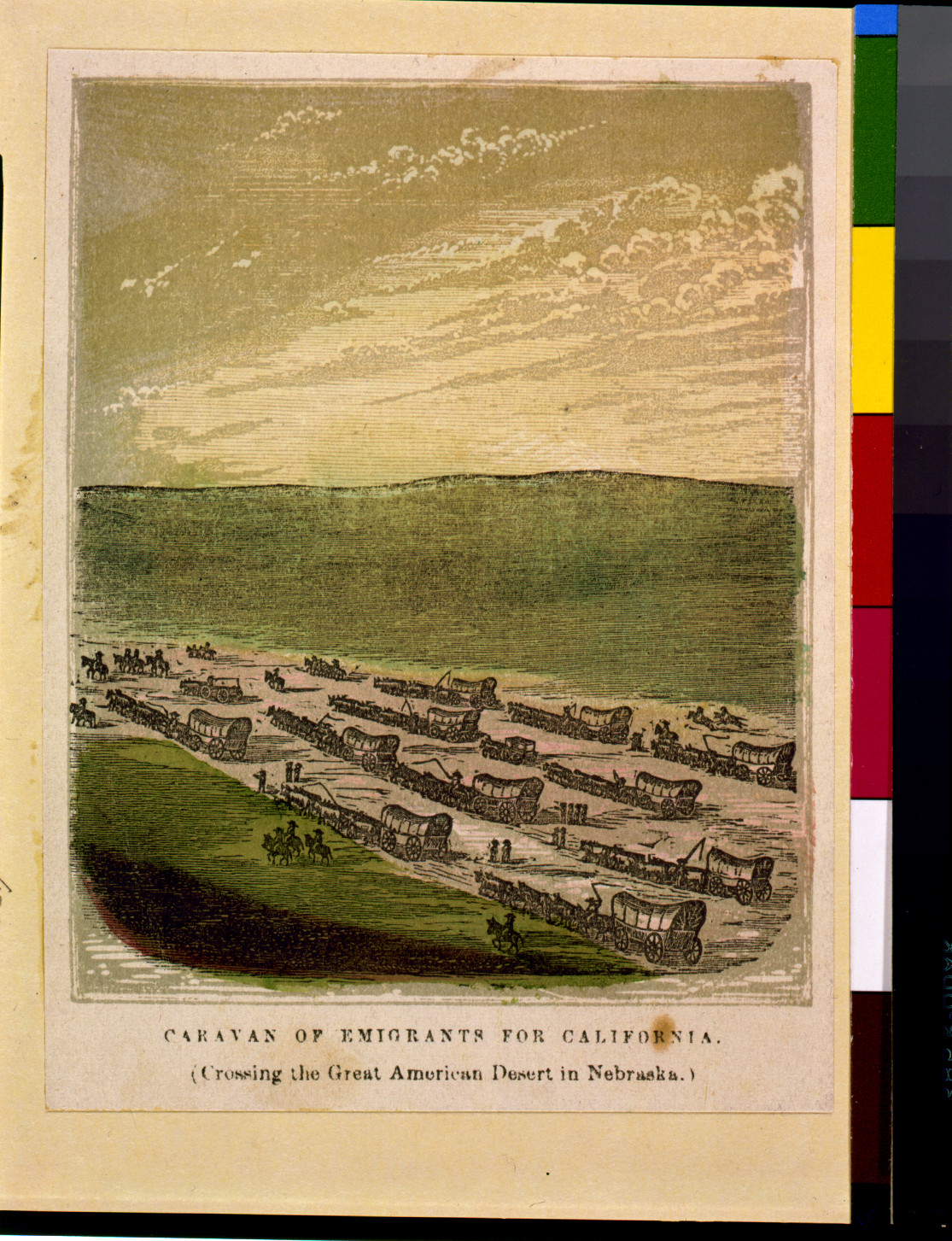 Caravan of emigrants for California (Crossing the great American desert in Nebraska), [between 1850? and 1900?] — antique engraving