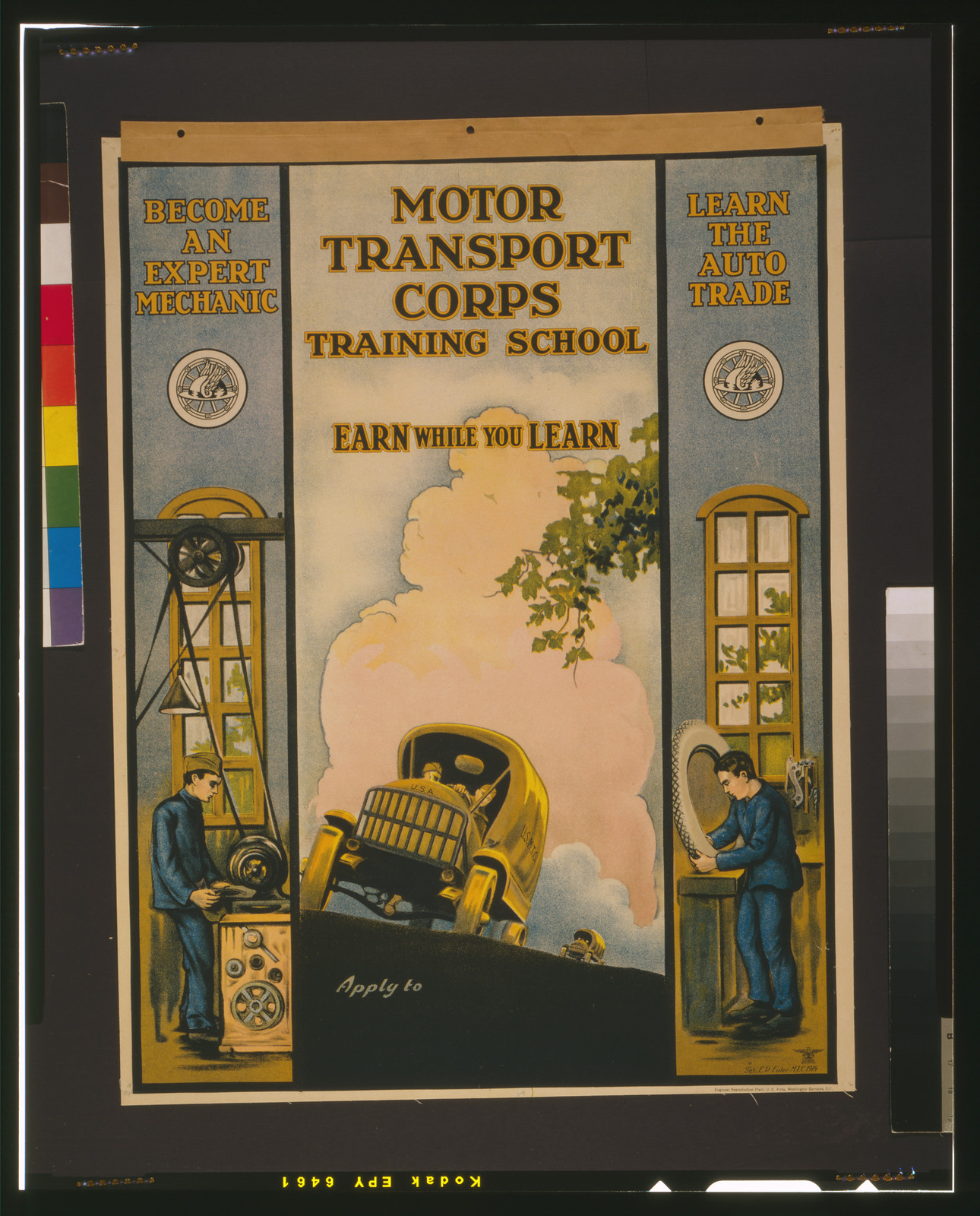 Motor Transport Corps training school Earn while you learn / Sgt. E.R. Euler, MTC 1919., Washington Barracks, D.C. : Engineer Reproduction Plant, U.S. Army, 1919. — vintage poster