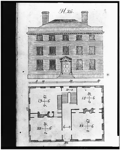 [Front facade and floor plan for 18th century building]