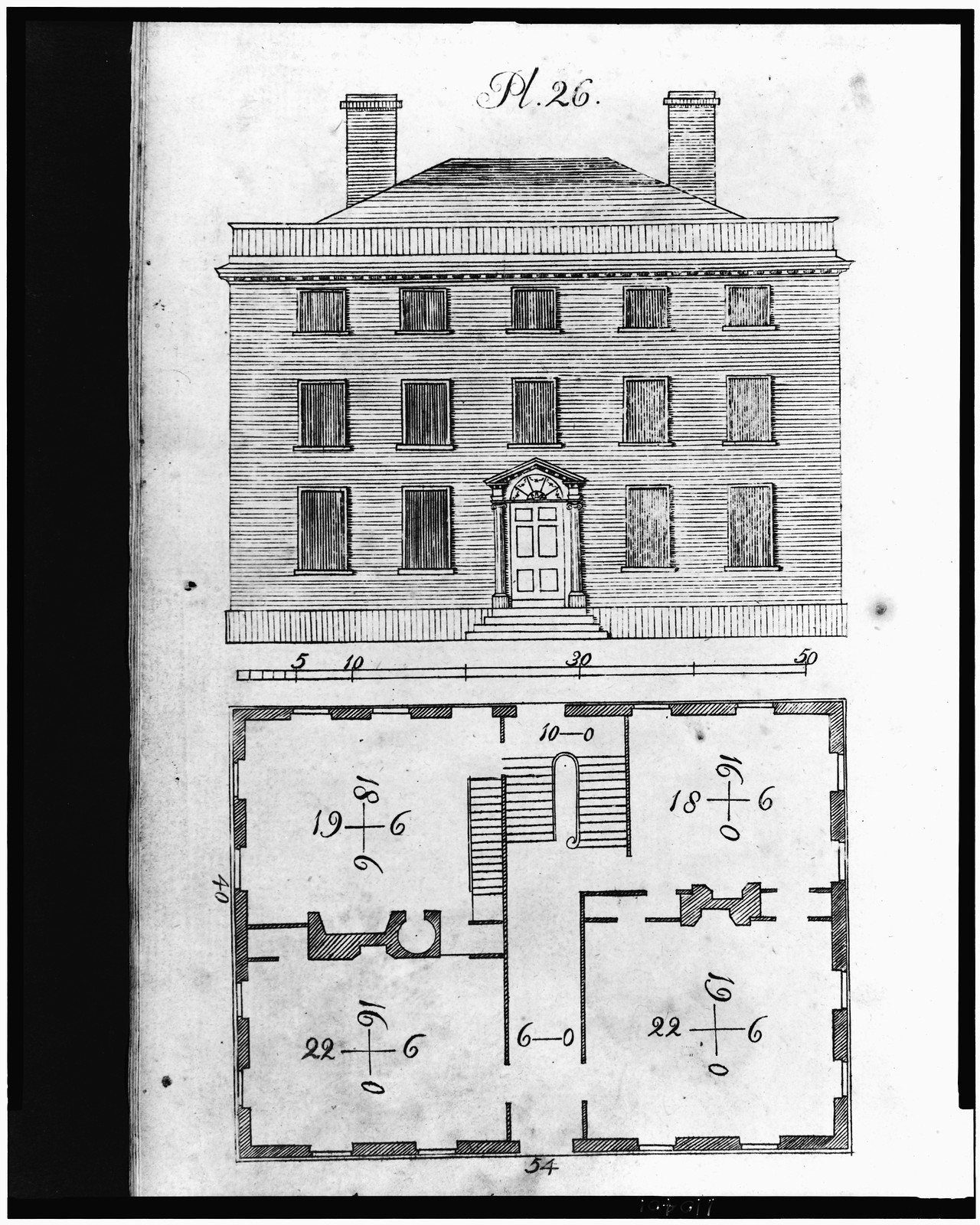 [Front facade and floor plan for 18th century building], [1797] — antique engraving