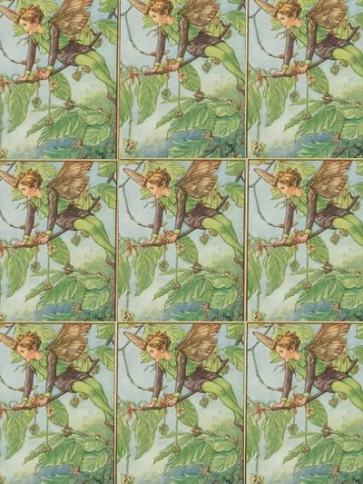Fairy perched on a leafy branch, repeated pattern