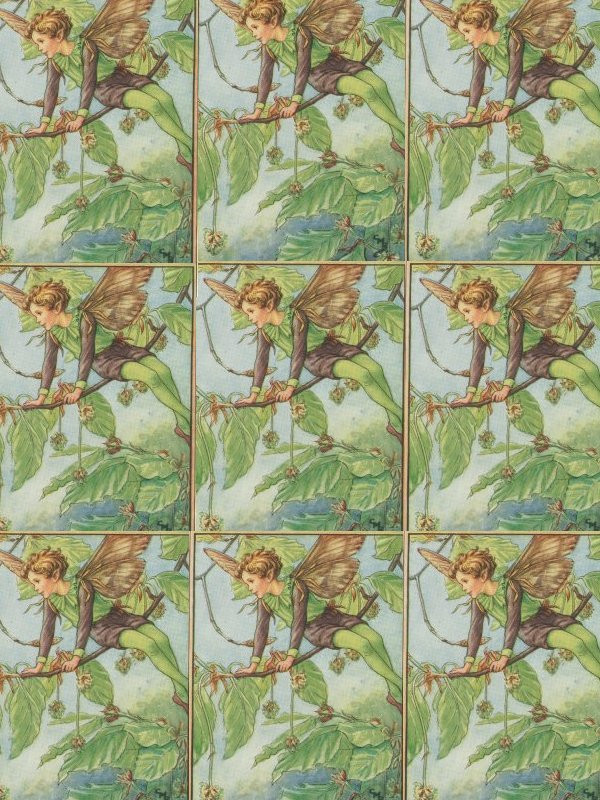 Fairy perched on a leafy branch, repeated pattern — historic image