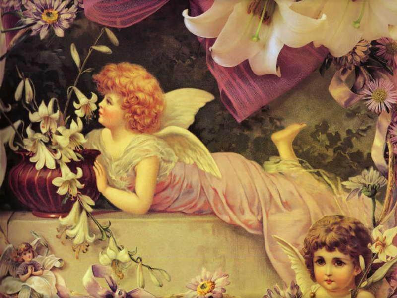Red-haired cherub reclining beside lilies and a vase — historic image