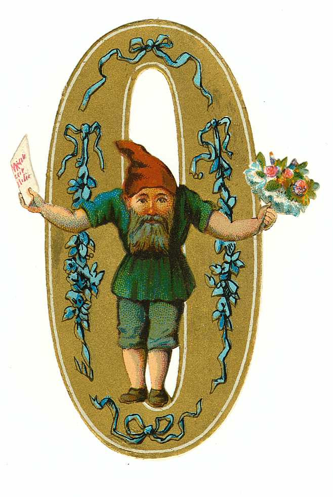 Gnome with letter and flowers inside gold letter O — historic image