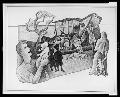 [Automobile, overloaded with household possessions, broken-down on rural roadside, with family members standing nearby] / Stuart Davis.