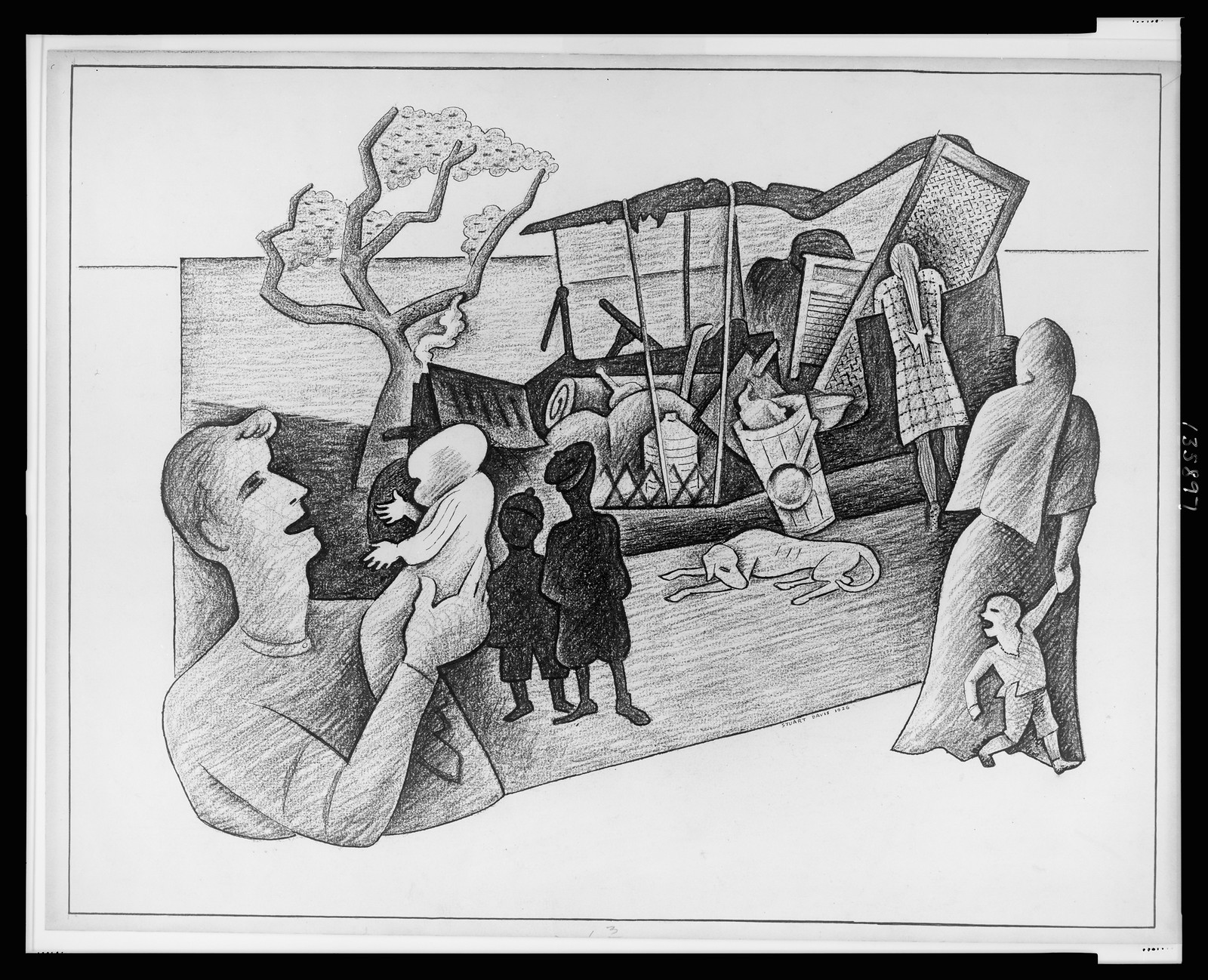[Automobile, overloaded with household possessions, broken-down on rural roadside, with family members standing nearby] / Stuart Davis., 1926 — historic drawing
