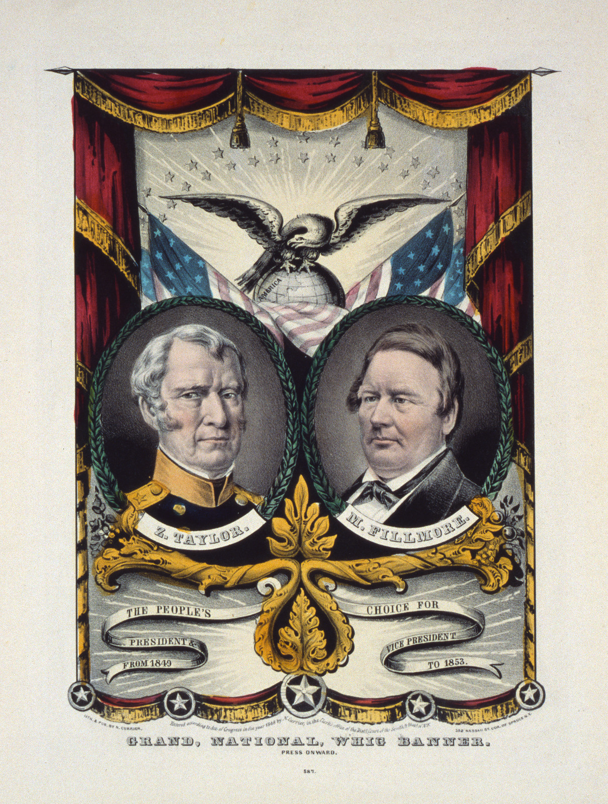Grand national Whig banner: press onward / lith. & pub. by N. Currier 152 Nassau St. . . . N.Y., [New York : Published by N. Currier, c1848. — antique lithograph