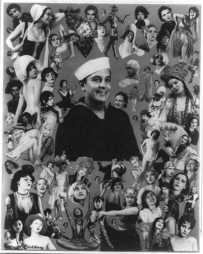 Photo collage of a smiling sailor surrounded by women