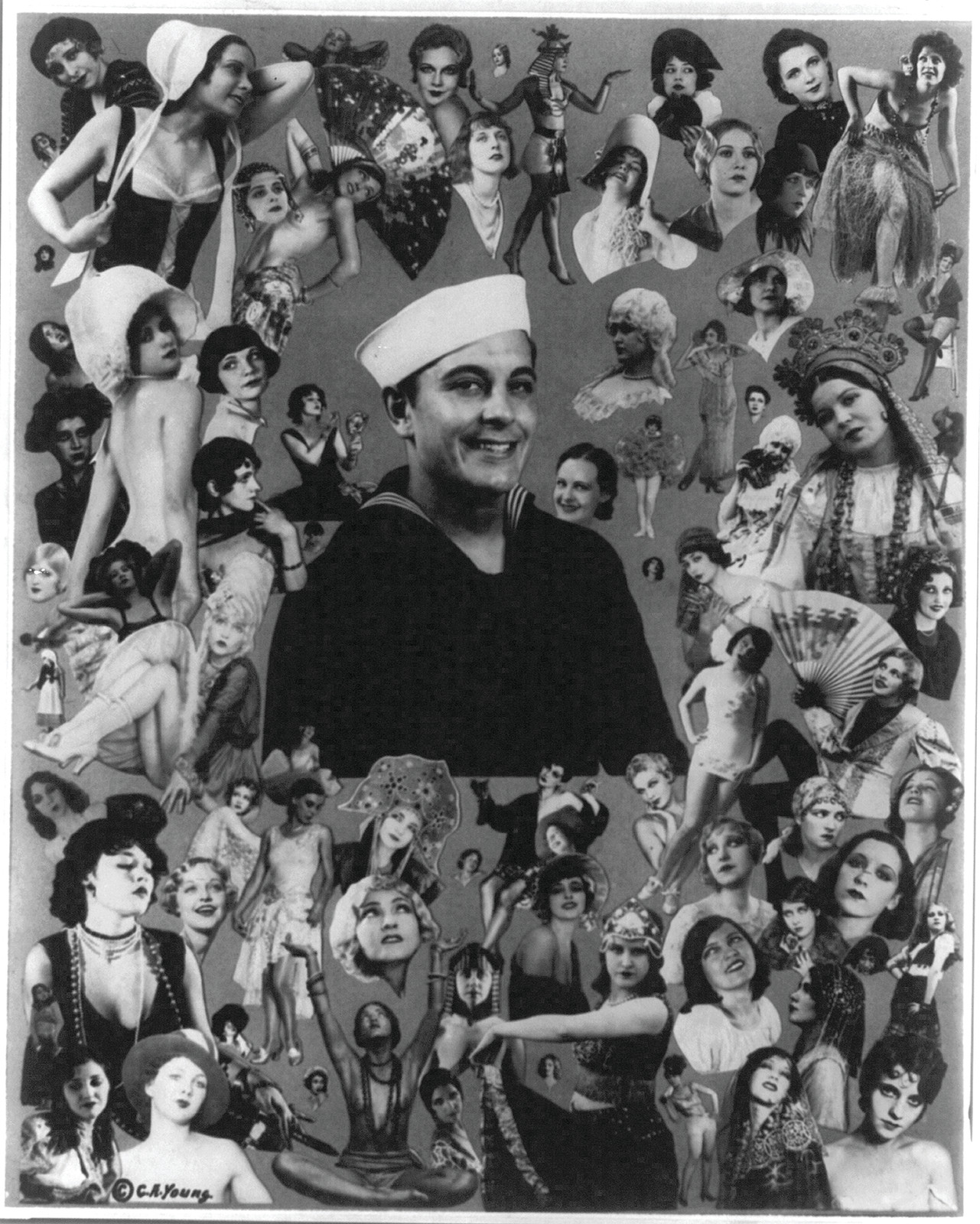 Photo collage of a smiling sailor surrounded by women — historic image