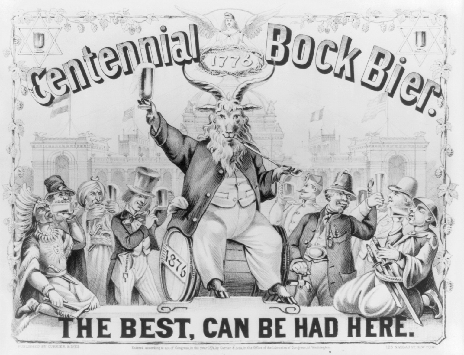 Centennial Bock Bier: The best can be had here, [New York] : Currier & Ives, 1876. — antique lithograph