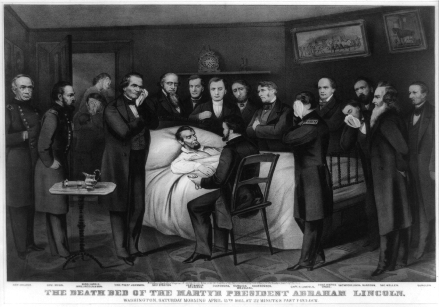 The death bed of the martyr President Abraham Lincoln: Washington, Saturday morning April 15th 1865, at 22 minutes past 7 o'clock, [New York] : Currier & Ives, 1865. — antique lithograph
