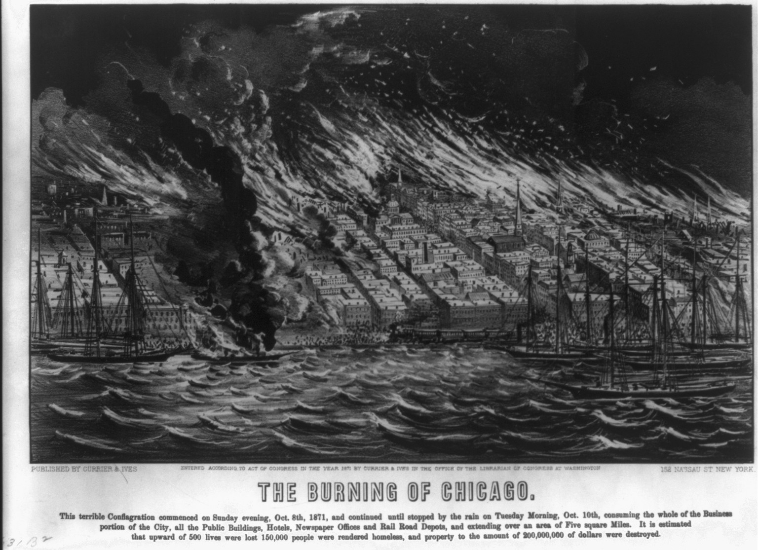 The burning of Chicago, [New York] : Currier & Ives, 1871. — antique lithograph